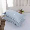 Close-up of a pair of light blue pillowcases with minimalist star and cloud patterns - Dreamy Baby