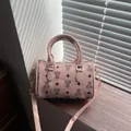 Cute pink Boston bag featuring a cartoon bear pattern and detachable shoulder strap - Basic Style / Pink