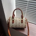 Cream-colored cute bear pattern barrel bag with brown leather handles and strap - Basic Style / White