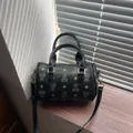 Black barrel handbag with cute bear and diamond pattern for women - Black With Pendant