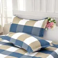 Pair of modern minimalist blue and beige buffalo plaid pillowcases for bedroom decor - Mocha Gray