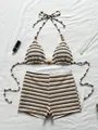 Sexy brown and white striped bikini set with boy-leg shorts and textured seersucker fabric - Brown / S