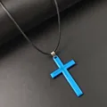 Minimalist blue metallic cross pendant necklace with black cord suitable for men and women. - Blue