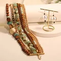 Conjunto bohemio de collar multicapa hecho a mano y pendientes de perlas con madera y piedra - Juego de Collar y Pendientes X-822