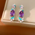 Vintage court style drop earrings with purple pear-shaped crystals and turquoise enamel - Silver Earring Post - Silver - Purple