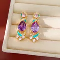 Elegant palace style earrings with purple pear-cut zircon and teal enamel details - Silver Post-Gold-Lavender