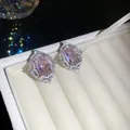 Vintage silver-tone stud earrings with rectangular pink zircon and sparkling stone halo - Stud Earrings (Silver-Pink) / Silver Needle / Pink