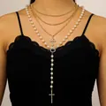 Collier de perles multicouches élégant avec pendentifs croix en strass pour femmes chic. - Collier en perles artificielles multi-rangs en forme de Y avec croix en strass (A-1110)