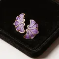 French style purple enamel flower stud earrings with gold-tone finish on black velvet. - Gold / Purple