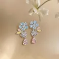 Pastel flower heart stud earrings with sparkling pink teardrop zircon pendants - Pale Blue