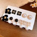 Elegant vintage French style 5-pair earring set with pearls, floral motifs, and enamel details - French Vintage Stud Earrings Collection / 5 Pairs Pack / Gold White Black