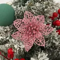 Detailed macro view of a pink glittery hollow poinsettia flower on a snowy tree - Pink