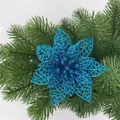 Sparkling blue hollow glitter poinsettia flower for festive Christmas tree decorations - Lake Blue