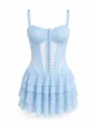 Elegant light blue lace corset dress with ruffled tiered skirt and adjustable straps - Blue / XS