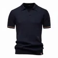 Polo uomo in maglia blu scuro con trama a ananas e colletto a gabbiano - S / Stile Scollo a V / Blu navy