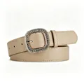 Elegant beige faux leather belt with rhinestone-encrusted square buckle for women - Khaki / Length 107 Width 3.3