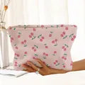 Pink corduroy makeup bag with cute hand-drawn cherry print and gold zipper - Corduroy Makeup Bag / Pink Cherry Print (HG188804)