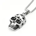 Trendy hip-hop stainless steel skull pendant necklace featuring black star engravings on white. - Silver + Stainless Steel Chain