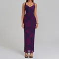 Elegante abito lungo in rete a fiori viola con vestibilità bodycon sexy per donna - XS / Viola