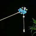 Eleganter chinesischer Haarstab mit blauer Blume und Perlenquaste für Hanfu - Himmelblaue Blume Strass Perlen-Quasten-Stil (2648) / Gold