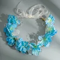 Elegant blue fabric flower wreath headband with ribbons and pearls for bridal hair - Blue (HS-J7594GLB)