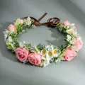 Handmade bohemian flower crown headband with pink roses, daisies and brown ribbon - Pink (HS-J7595)