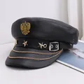 Black leather punk style military flat top hat featuring gold double-headed eagle and chain details - M (56-58cm) / Black Gold Double Eagle Style