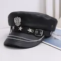 Black punk military cap with silver star studs and double chain detail - M (56-58cm) / Black Silver Double Eagle Style