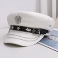 White punk style faux leather flat top cap featuring silver star studs and eagle crest decoration - M (56-58cm) / White Silver Double Eagle Style