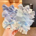 Assorted set of cute blue bow hair ties for girls with polka dots and floral lace - Blue Polka Dot Bowknot Style (0662-16)