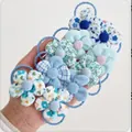 Set of blue floral elastic hair ties for little girls with cute fabric flower designs - Blue Flower Style (0724-4)