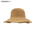 Breathable hand-woven crochet straw fisherman hat for women in natural khaki sunshade - D-0002 Light Brown / M (56-58cm)