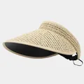 Elegant handwoven straw visor hat in natural beige with adjustable black elastic strap - One Size / Open Top Beige