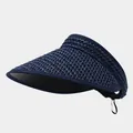 Stylish navy blue woven straw sun visor hat for summer sun protection. - One Size / Open Top Navy Blue