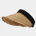Stylish straw woven sun visor hat for women featuring a black band and frayed edges - One Size / Raw Edge Khaki with Black Headband