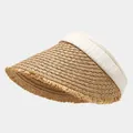 Fashionable woven straw sun visor with white pleated headband and fringed edge for summer - One Size / Raw Edge Khaki with Off-White Headband