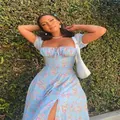 French style light blue floral midi dress featuring puff sleeves and a leg slit - 3XL / Top And Bottom / Light Blue Floral