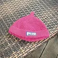 Pink children's knitted warm winter hat with a pig patch, soft baby beanie accessory. - Leather-labeled Nipple Rose Red (2 Months - 2 Years)