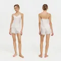 Elegant white French-style lace pajamas camisole and shorts set, showing front and back views - XS / Lace Trim Cami Top And Shorts (4035) / White