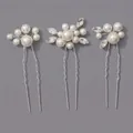 Handmade bridal hair pins set featuring elegant white pearls and sparkling rhinestones - Silver Handmade Artificial Pearl (HS-J7589S)