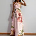 Elegant halter neck floral print maxi dress with waist tie for summer fashion. - 3XL / Pink Print