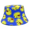 Vibrant blue bucket hat featuring an all-over yellow cartoon duck print pattern. - Blue / One Size