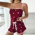 Burgundy milk silk camisole and ruffled shorts pajama set with white heart prints - S / Burgundy/White Heart