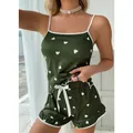 Sexy dark green milk silk camisole pajama set with cute heart prints for summer - S / Green/White Heart