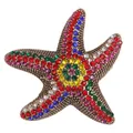 Close-up of vintage multi-color rhinestone starfish brooch in antique gold finish - Fully Rhinestone Starfish In Red Yellow And Green Tones. Size: 4.5cm. Weight: 16 Grams.