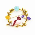 Exquisite enamel wreath brooch pin with colorful flowers and bird motif for clothing - Wreath Bird Style