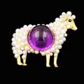 Elegant vintage sheep brooch pin with white pearls and a large purple crystal gemstone - Pearl Lamb Shape (XH-1567)
