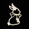 Elegant sparkling gold rabbit brooch with clear rhinestones and black gemstone eye accent - Rhinestone Bowknot Rabbit Brooch (XH-1623) / White