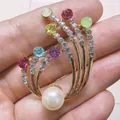 Exquisite golden flower brooch with colorful rhinestones and large white pearl base - Vintage Multi-color Rhinestone Floral Cluster Brooch (XH-006) / Colorful
