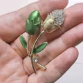 Vintage floral brooch with green enamel and sparkling rhinestones on golden finish - Tulip Enamel Rhinestone Brooch (XH-007) / Green